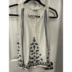 Akemi + Kin Anthropologie Tank Top White Black Embroidered Boho Sleeveless S